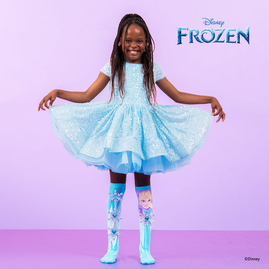 Disney Frozen novelty socks featuring Elsa, shiny ice gems, and colorful winter-inspired design.